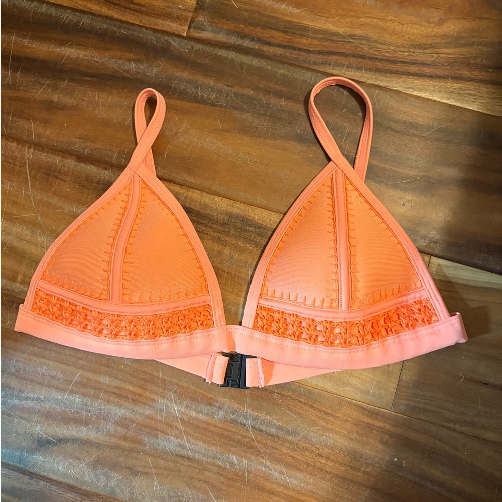 TRIANGL Neon Orange Neoprene Bikini Top Small+ Crochet Trim Swim (0652)